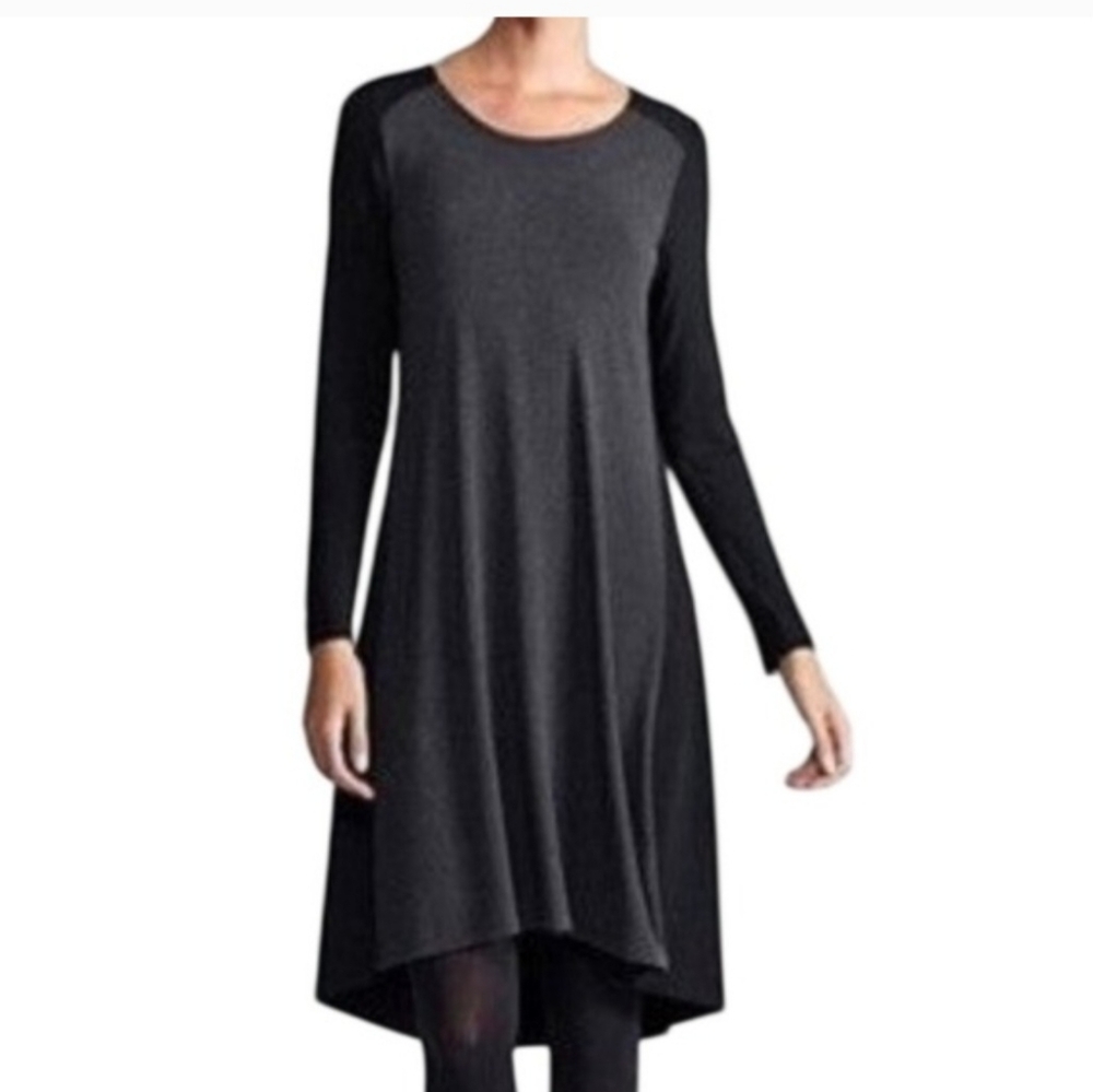 Eileen Fisher Scoop Neck Color Block Dress Italian Yarn NWOT Gray Black Small